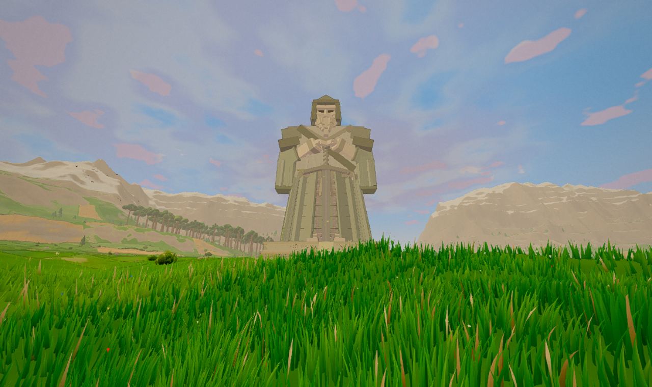 The Warden, a vast stone titan, above the island